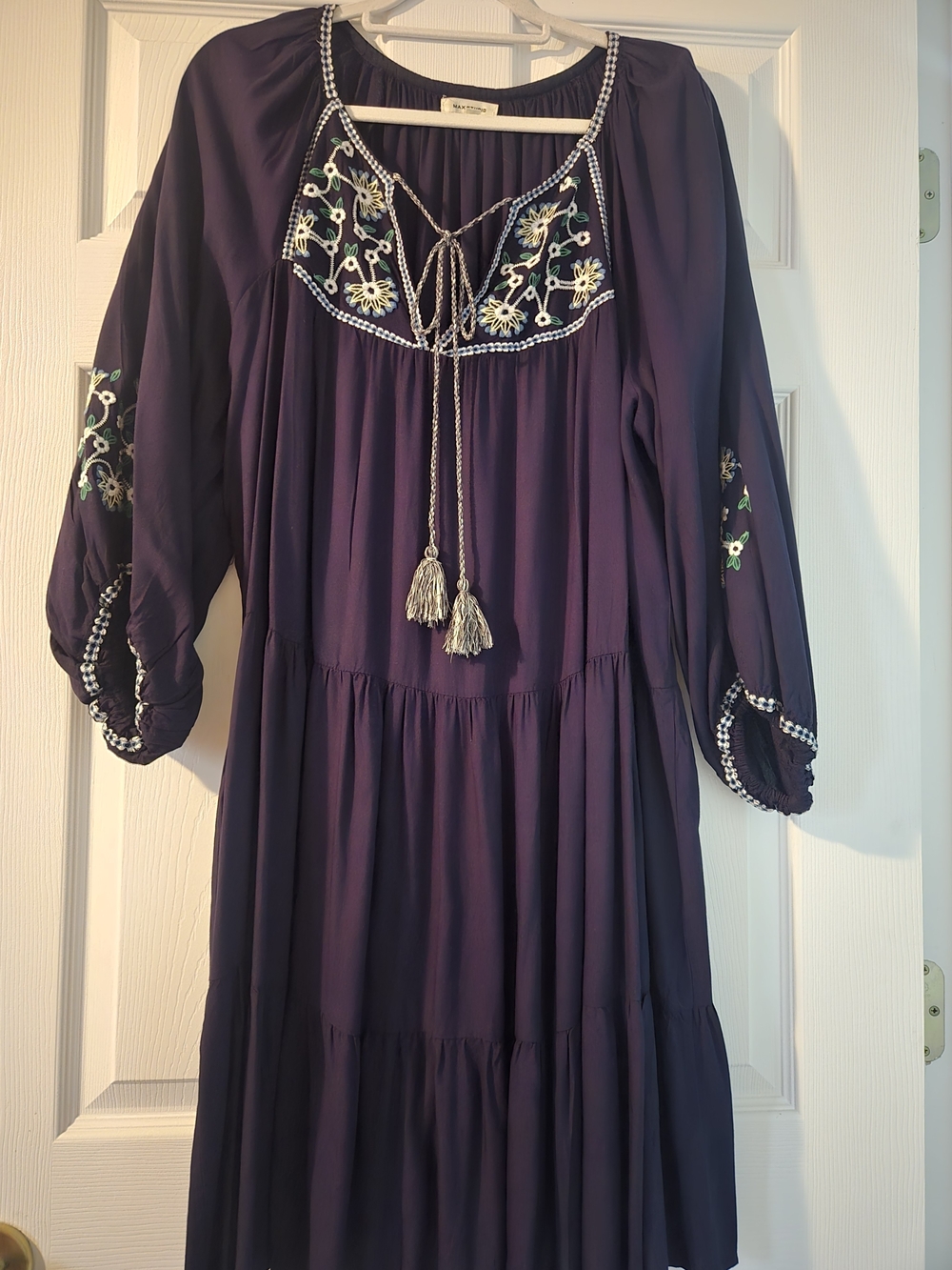 Boho Embroidered 3/4 Sleeve Midi Dress Navy